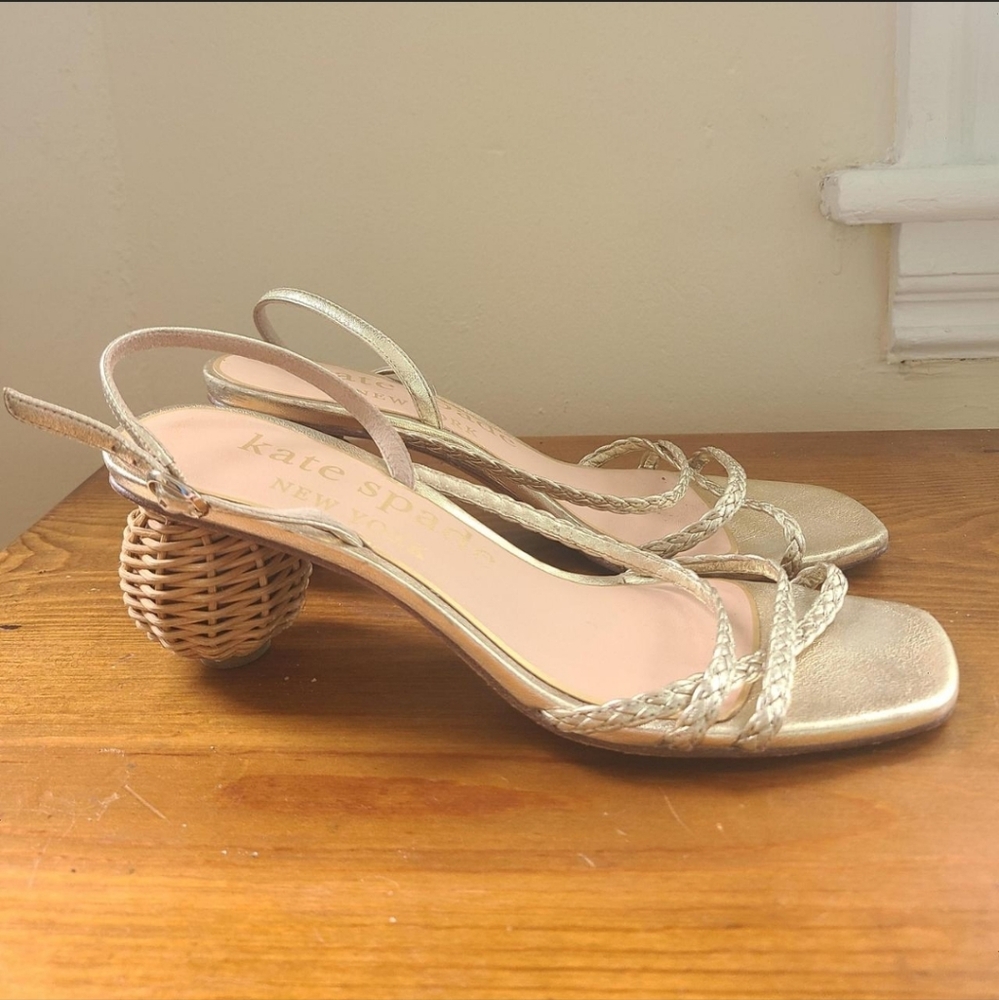 Elegant Gold Strappy Sandals with Woven Heel